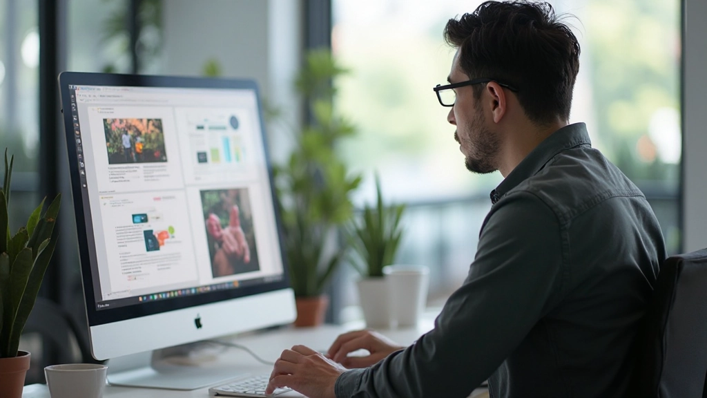 Designer reviewing portfolio layouts on desktop computer in modern workspace
