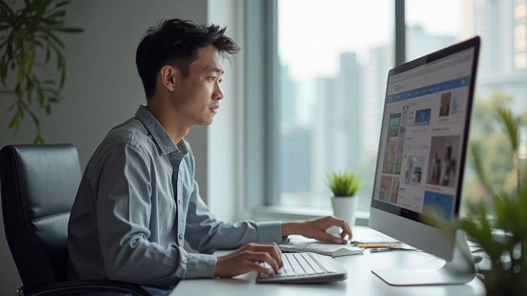 Professional designer at desk reviewing portfolio project work with multiple screens showing design iterations and client feedback
