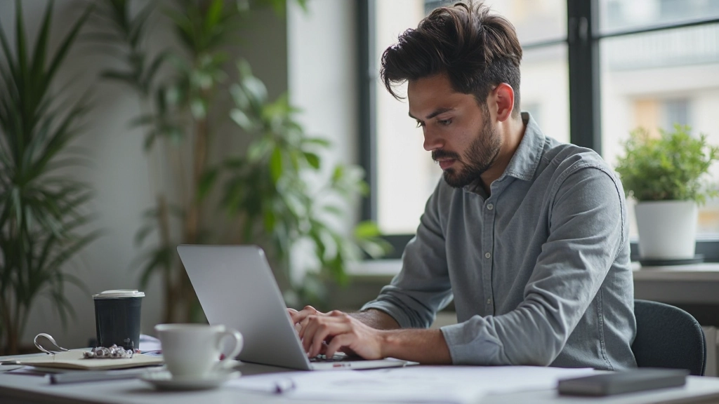 Designer working on laptop at modern workspace with coffee and design materials visible on desk